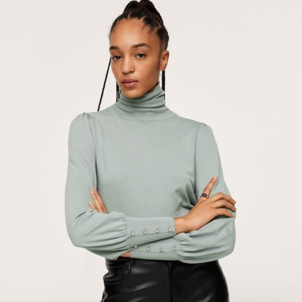 Two pieces mango puffed sleeves cardigan and turtle neck